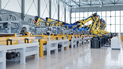 An electric vehicle assembly line, with big yellow robot arms putting the cars together.