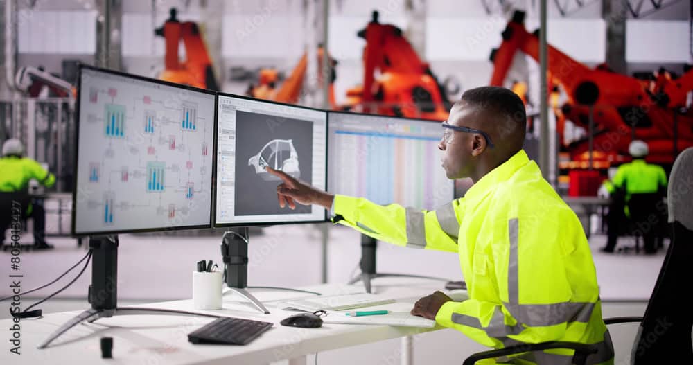 A man in a bright safety shirt working at a desk with three large monitors. Big orange assembly robots are in the background.