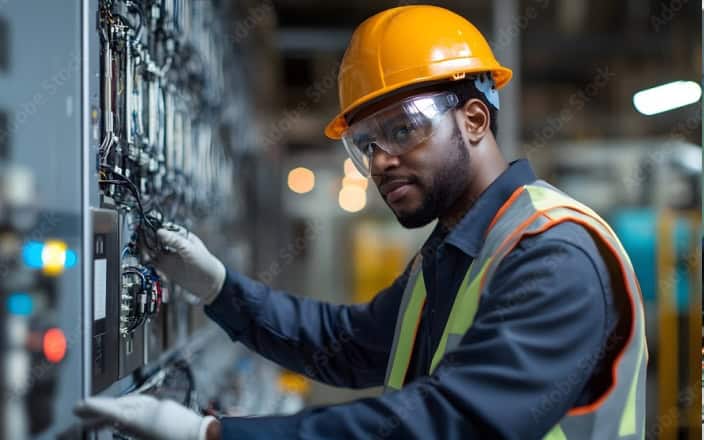 A man in a hard hat and safety gear working on a large electronics panel.