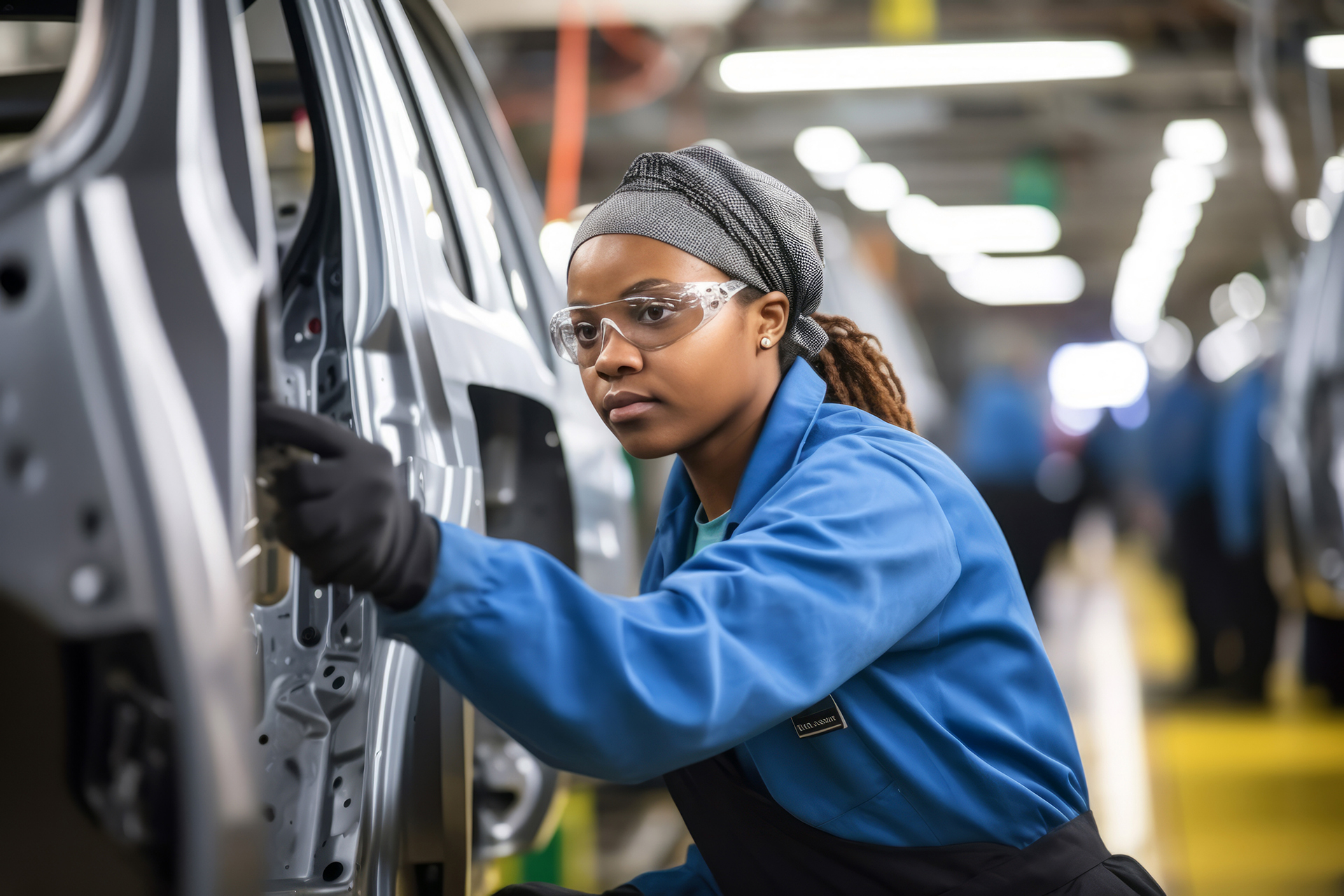 A woman working on an automobile assembly line.