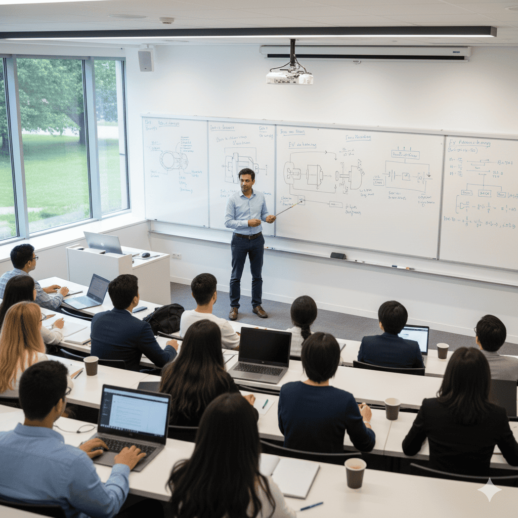 A man in a classroom setting pointing at a whiteboard
