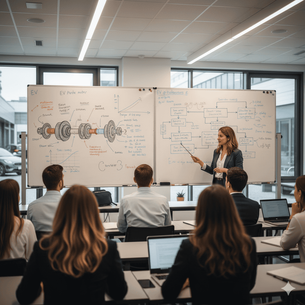 Lecture with whiteboards showing EV engines
