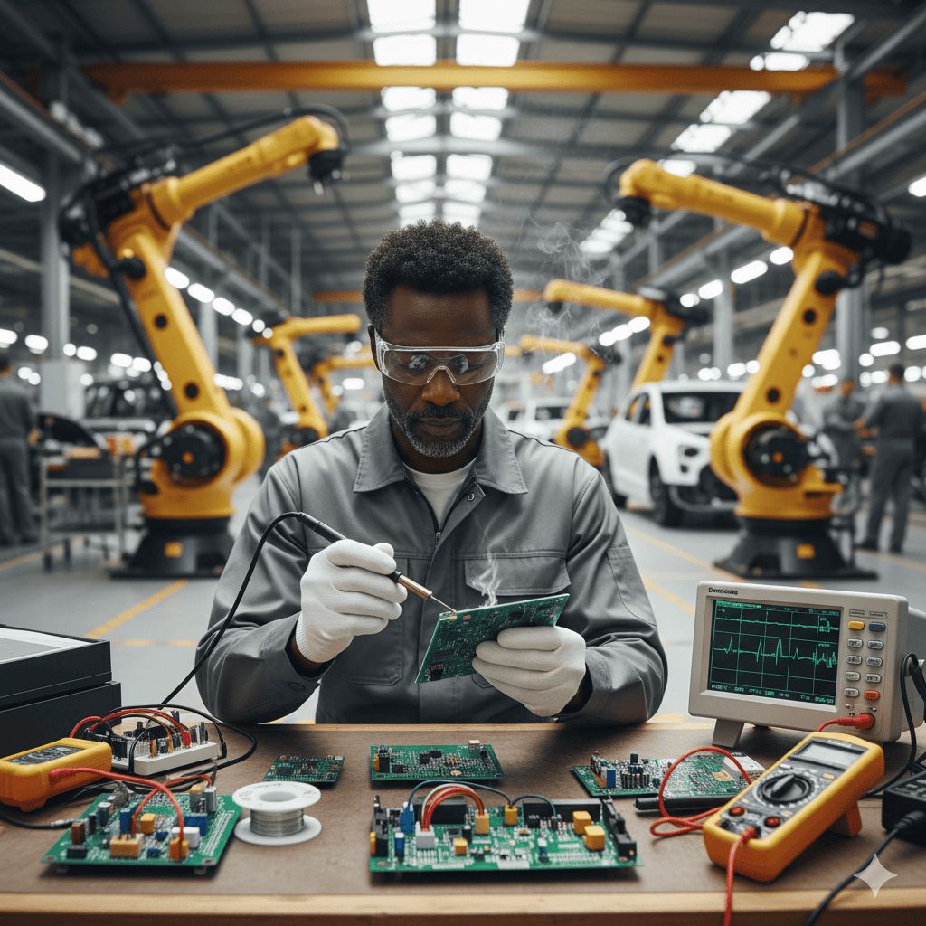 male sitting at a desk, surrounded by electronic components relevant to EV technology.