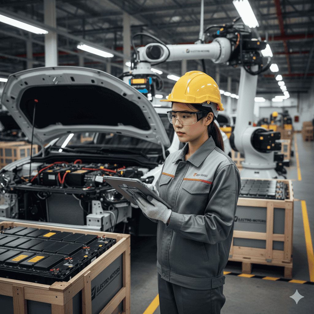 The individual is featured interacting with EV components and machinery