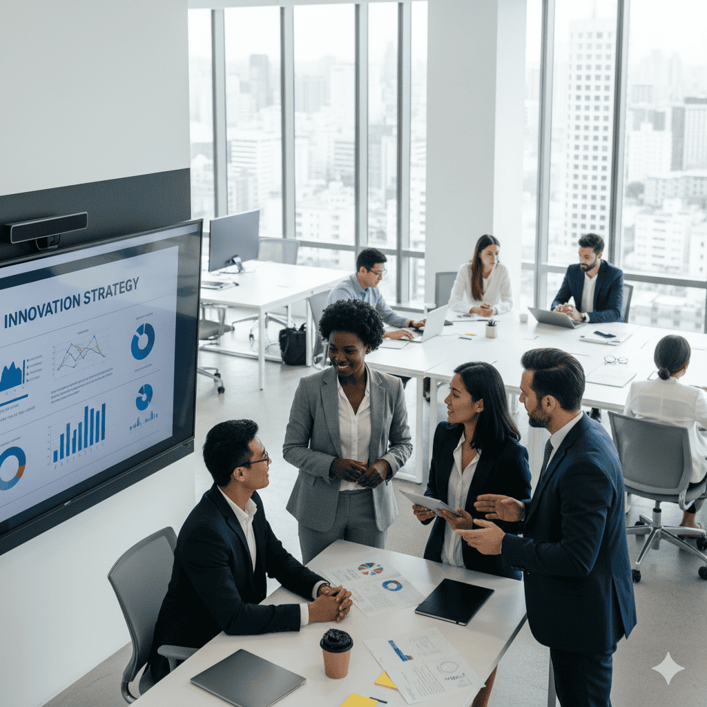 In an office setting talking to coworkers