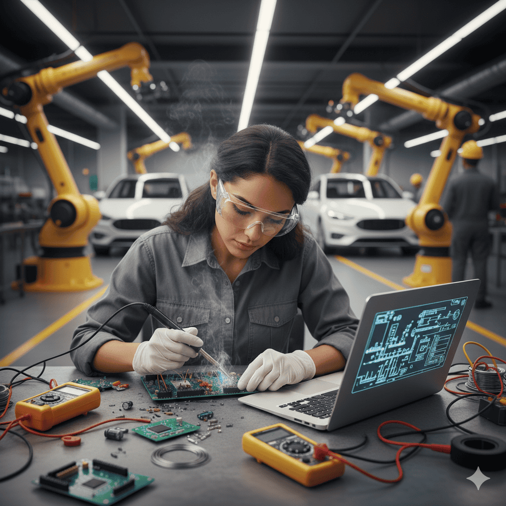 A woman in an electric vehicle setting working on electronics.